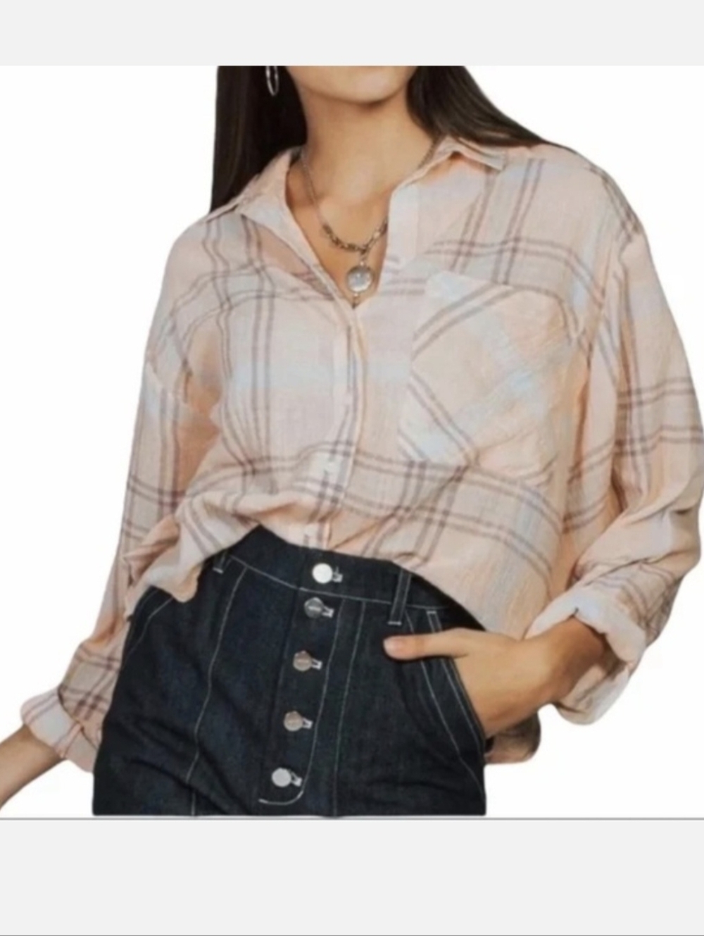 FREE PEOPLE Cutie Plaid Button Down Oversized Top With Dolman Sleeves